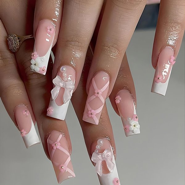24Pcs Valentine's Day Fake Nails French Tip Press on Nails Long Square False Nails Butterfly Bow Tie Charms Design Acrylic Glue on Nails Flower Pearl Rhinestone Artificial Nail for Women Manicure Tips