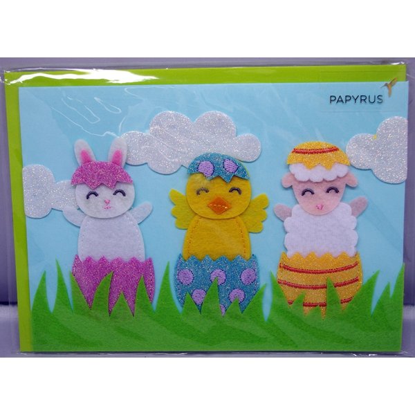 Papyrus Easter Card - Felt and Glitter Rabbit, Chickie and Lamb