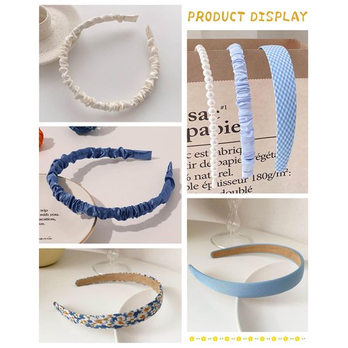 JELIEE 7 Pack Different Designs Headbands Fashion Headbands for Women Non Slip Flower Headband Cute Pearl Headbands for Girls Twisted Headband Blue White Solid Headbands Set
