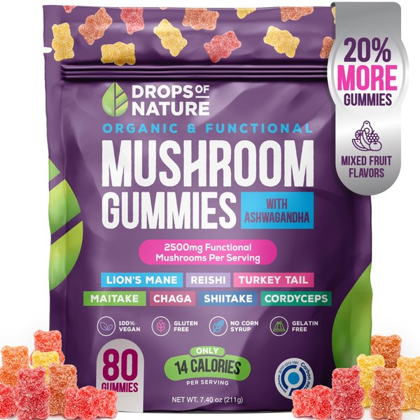 Ashwagandha & Lion's Mane Supplement Gummies - Comprehensive Mushroom Supplement for Cognitive & Immune Support, Vegan Blend with Reishi, Cordyceps - Low Carb, 80 Organic Mushroom Gummies
