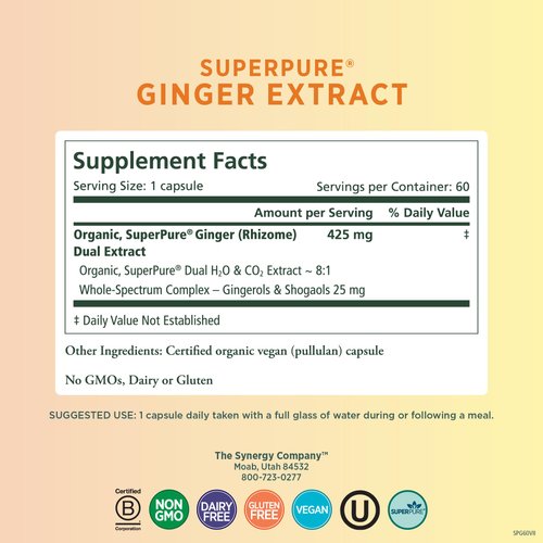 PURE SYNERGY SuperPure Ginger Extract | Ginger Root Extract Capsules | Organic Ginger Powder Digestion Supplement | for Stomach and Joint Support (60 Capsules)