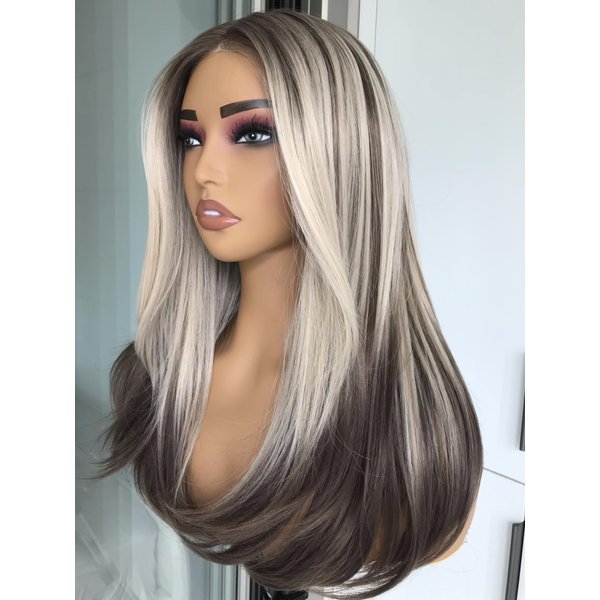 Ombre Blonde Brown Wear and Go Glueless Wigs Synthetic Layered Straight Wigs Pre Plucked Pre Cut Lace for Beginner Highlight Blonde Synthetic Lace Front Wig Medium Length 20inches 3 Seconds to Wear