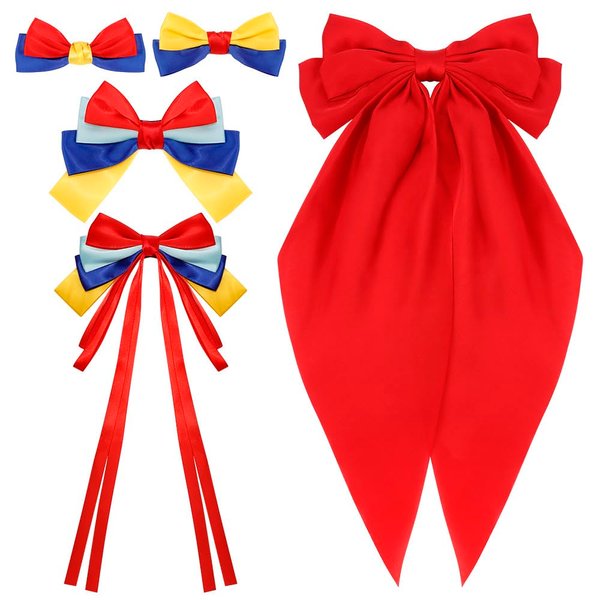 AHONEY 5 Pack Hair Bows for Girls Hair Clips, Satin Hair Bow Princess Dress Up Hair Ribbons Cute Bow for Hair Accessories for Girls Women Princess Birthday Party Favors Decorations Gifts (Snow white)