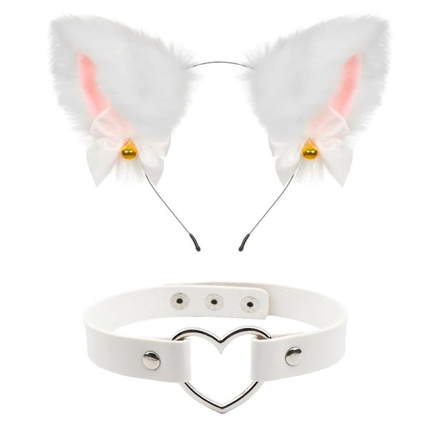 Cat Ears Headband For Women Girls Cat Ear Animal Faux Fur Ears Headbands Bells, Furry Ears Cosplay Birthday Party (White Ears & Leather)