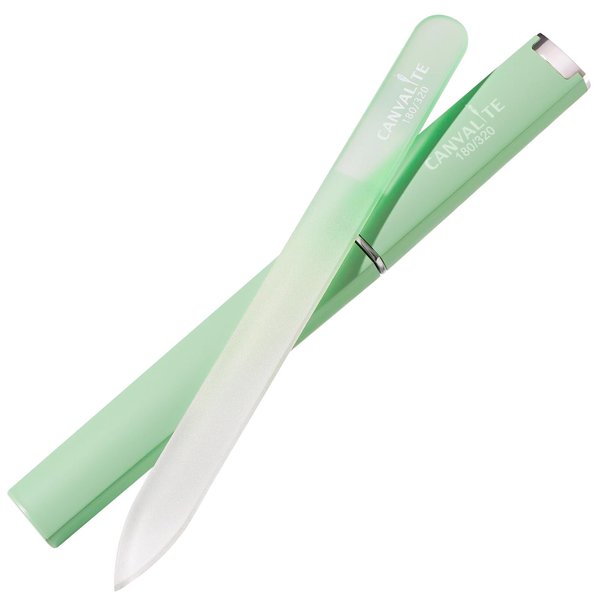 CANVALITE Glass Nail File for Natural Nails Double Sided 180/320 Grit Crystal Nail Files with Case Glass Fingernail File Stocking Stuffers for Women Girls Gifts, Light Green