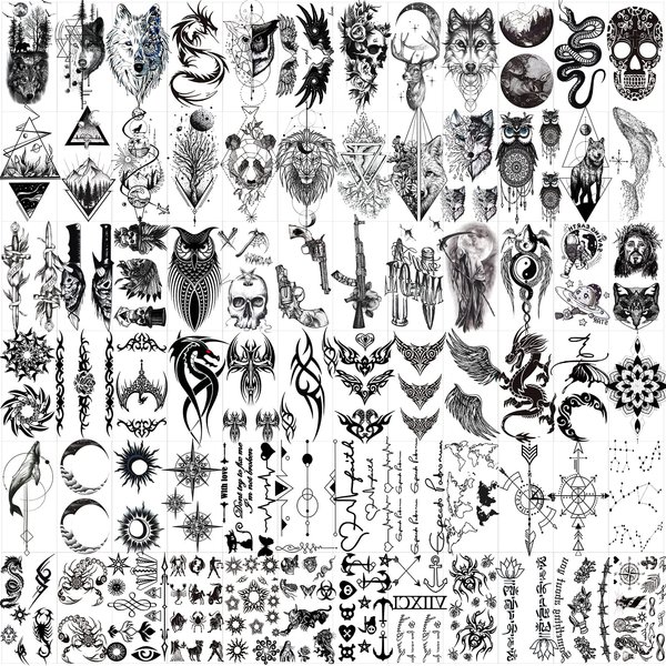 Hotoyannia 72 Sheets Tiny Temporary Tattoos Stickers, Fake Tattoos That Look Real And Last Long, Halloween Tattoos Include Black Scary Wolf Lion Tiger Skeleton Skull Tattoos