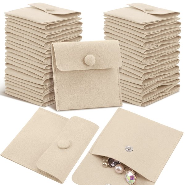 Microfiber Jewelry Pouch 8x8cm, Jewelry Packaging Bag Luxury Small Jewelry Gift Bags Package Snap Button with Divider Microfiber Bag for Bracelet Necklace Packaging (Beige,40 Pcs)