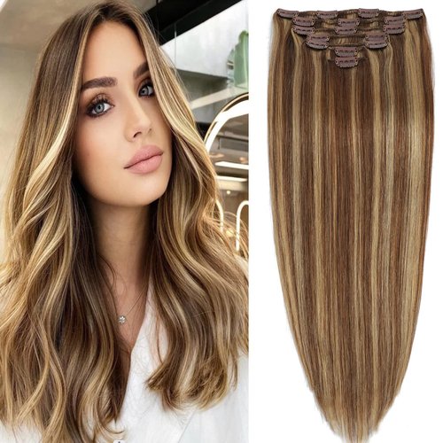 Clip in Hair Extensions Real Human Hair 7pcs 120g Straight Hair Extensions 20 Inch Chestnut Brown to Light Blonde Clip in Human Hair Extensions Thick Remy Extensions Straight Clip in