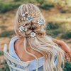 5PCS Bridal Flower Wedding Hair Pins Blue Pearl Hair Pins Rhinestone Hair Clips Gold Leaf Flower Headpiece Jewelry Hair Pins Vintage Wedding Hair Accessories for Brides Bridesmaids Women Girls Updo