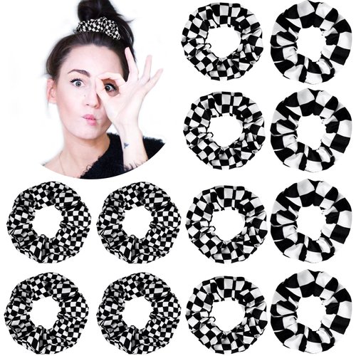 12 Pieces Checkered Plaid Scrunchies Plaid Hair Ties Scrunchies Christmas Hair Scrunchies Buffalo Plaid Hair Elastic Ponytail tail Holder for Girls Women Hair Accessories (Black, White)