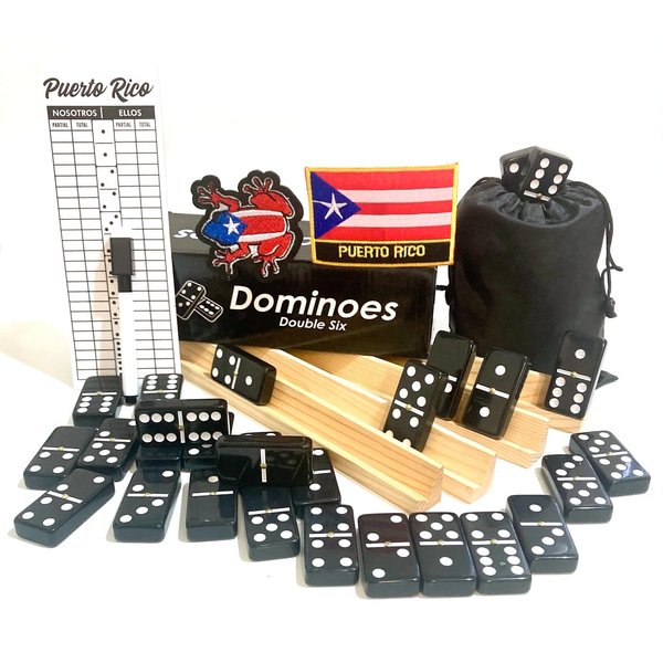Puerto Rico Dominoes Adult Size Solid Black Puerto Rican Double six Domino Set - Full Game with Reusable Score Pad and Wooden Racks - Perfect for Family Fun!