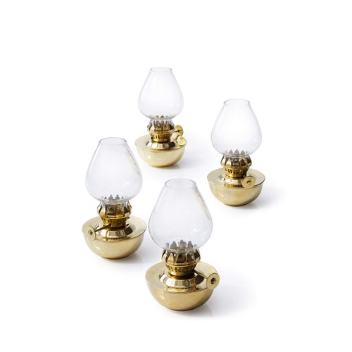 Serene Spaces Living Set of 4 Vintage Glass Oil Lamp, Brass Mini Oil Lamp, Antique Oil Lamp for Home Decor, Nautical or Victorian Wedding, Store Window, Measures 4.5" Tall & 2.75" Diameter