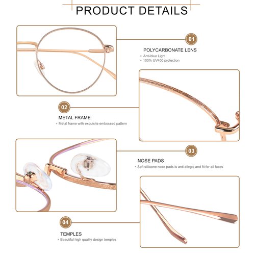 ANDWOOD Blue Light Blocking Glasses Women Men Computer Small Face Clear Bluelight Blocker Metal Frame Round Rose Gold