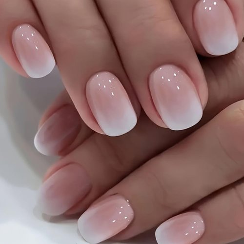 Short Press on Nails Square Fake Nails Pink Gradient False Nails with Ombre Design Stick on Nails White Tip Artificial Nails Full Cover Glue on Nails for Women Girls Manicure Set 24Pcs