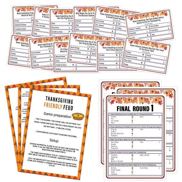 Thanksgiving Friendly Feud Game, Family Game Night, Thanksgiving Trivia, Family Friendly Quiz, Thanksgiving Party Game for Family Activity - 12 Question Cards and 3 Quick Fire Final Rounds Cards (01)
