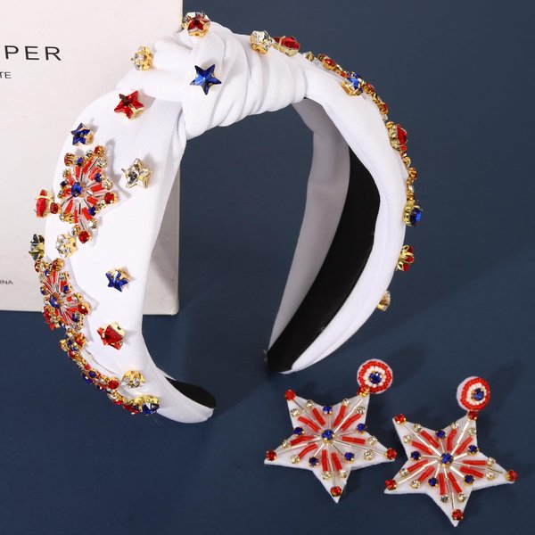 4th of July Headband American Flag Star Headband Sparkle Red White Blue Rhinestone Fireworks Knotted Headband USA Star Earrings Partriotic Head Band Hair Accessories Gifts