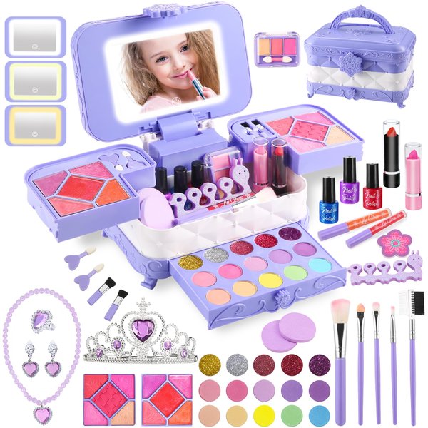 YasinKidz 59 in 1 Kids Makeup Kit, with 3-Color Led Makeup Mirror Real Washable Kid Makeup Set for Girls, Perfect Girl Birthday Gift, Age 3+