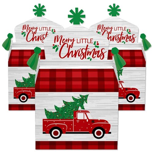 Big Dot of Happiness Merry Little Christmas Tree - Treat Box Party Favors - Red Truck Christmas Party Goodie Gable Boxes - Set of 12