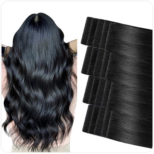 SUYYA Invisible Tape in Hair Extensions Human Hair Jet Black Seamless Injected Hand-Tied Pro Quality Virgin Human Hair 20PCS 40G/Pack Straight Tape Ins(14 inch #1 Jet Black)