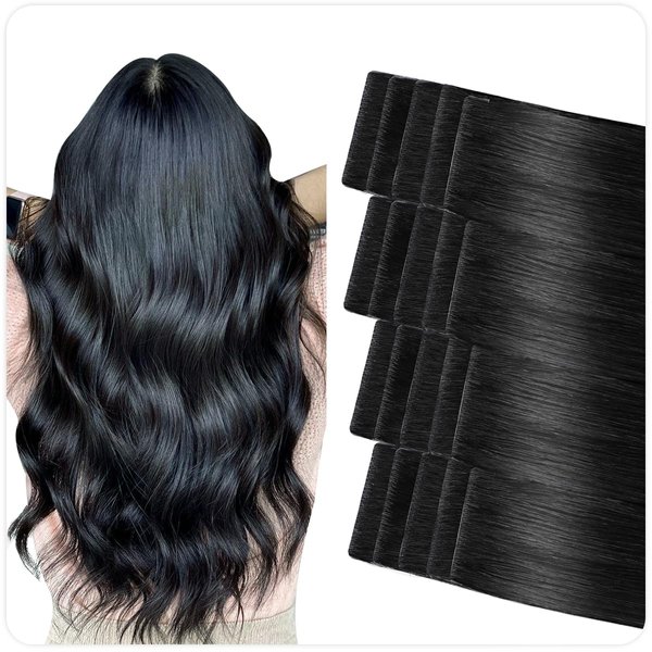 SUYYA Invisible Tape in Hair Extensions Human Hair Jet Black Seamless Injected Hand-Tied Pro Quality Virgin Human Hair 20PCS 40G/Pack Straight Tape Ins(14 inch #1 Jet Black)