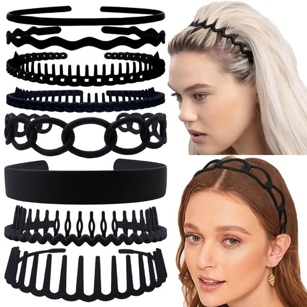 SHEHARUHI Set of 8 Non Slip Plastic Headbands for Women Men Teen and Girls, Black Nubuck Material Hair Bands, Wide and Skinny Head Bands with Teeth Comb