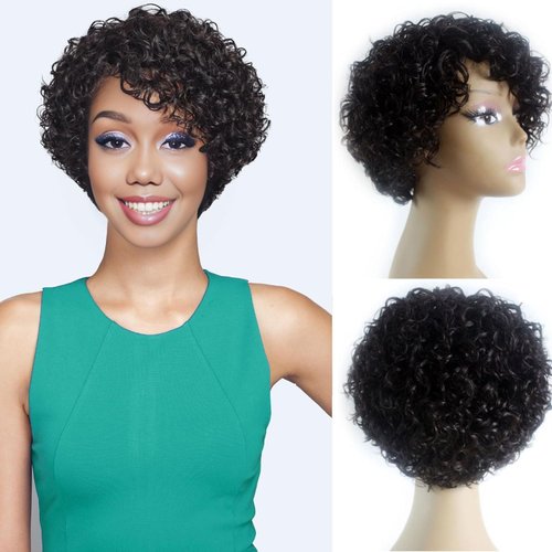 ManeMajesty Short Kinky Curly Human Hair Wigs for Black Women Wear and Go Glueless Wig Afro Jerry Curly Brazilian Remy Human Hair Pixie Cut Wig No Lace Front 8 Inch Natural Black 1B