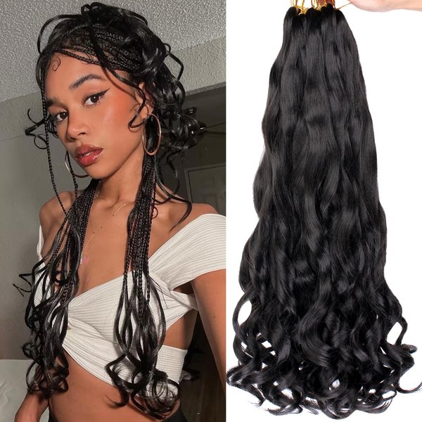 COOKOO 9 Packs 22 Inch French Curl Braids Hair Natural Black Pre Stretched Bouncy Braiding Hair Loose Wavy Crochet Braids Hair French Curls Synthetic Hair Extensions for Boho Box Braids 1B#