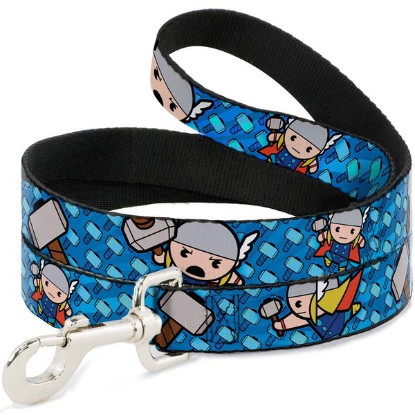 Buckle-Down Pet Leash - Kawaii Thor Poses/Hammer Monogram Blues - 4 Feet Long - 1/2" Wide
