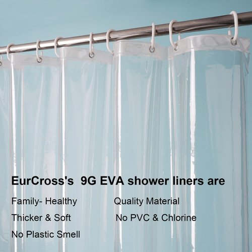 EurCross 9G Clear Shower Curtain Liner 72 x 78 inches Long with 5 Magnets, Heavy Duty Weighted PEVA Shower Liner, Transparent Thick Plastic Shower Curtains for Bathroom with 12 Hooks