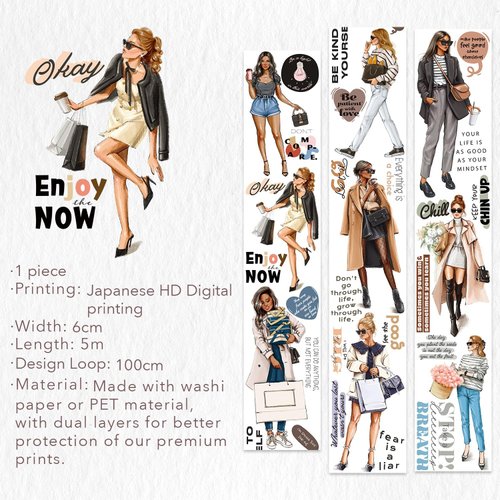 WT Chic Attitude Wide PET Tape, Single Roll, Original Designs, Fashion Outfit Girls Decorative Tape, Characters, Transparent Clear Adhesive, Journal Scrapbook Bujo Planner DIY Craft Supplies