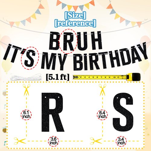 Bruh It's My Birthday Banner, Happy Birthday Bro, Funny Humor Birthday Party Decorations Supplies for Men Kids Boy, Black Glitter