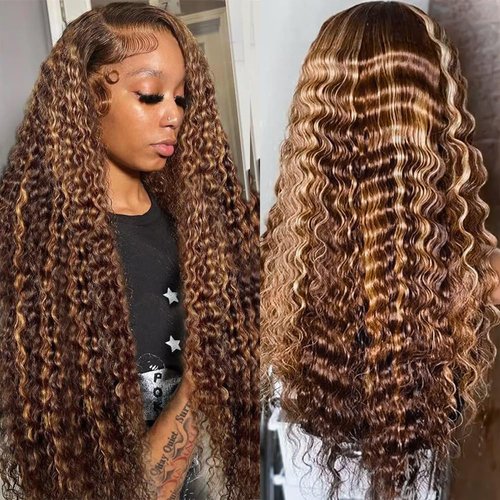 Ijowa 13x4 Highlight Ombre Deep wave Lace Front Wigs Human Hair P4/27 Colored HD Transparent Honey Blonde Curly Lace Frontal Wigs Pre Plucked 180% Density with Baby Hair 26inch