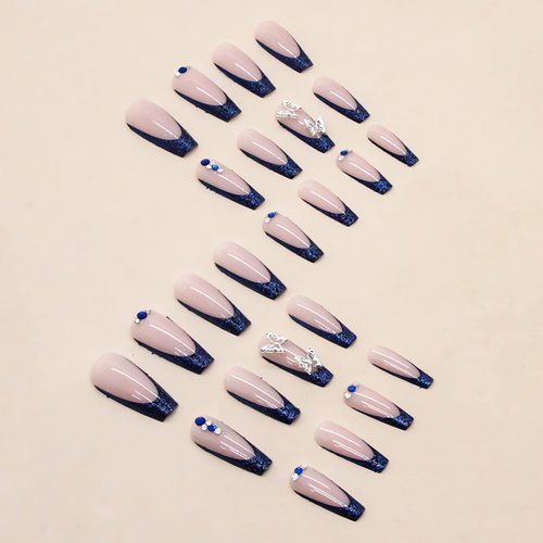 IMSOHOT Long Press on Nails Coffin French Tip Fake Nails Blue Butterfly Rhinestone False Nails with Designs Full Cover Acrylic Nails Glossy Glitter Glue on Nail for Women 24pcs