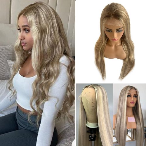 Highlight Lace Closure Wig Human Hair, Highlights Ombre Ash Brown to Beige and Plaitnum Blonde Lace Front Straight Wigs 9A Brazilian Vigin Hair Glueless Lace Front Wigs Pre Plucked Hairline for Women