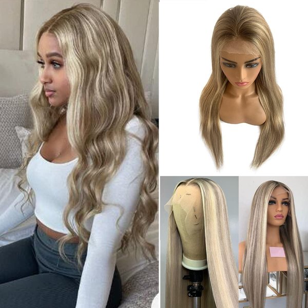 Highlight Lace Closure Wig Human Hair, Highlights Ombre Ash Brown to Beige and Plaitnum Blonde Lace Front Straight Wigs 9A Brazilian Vigin Hair Glueless Lace Front Wigs Pre Plucked Hairline for Women