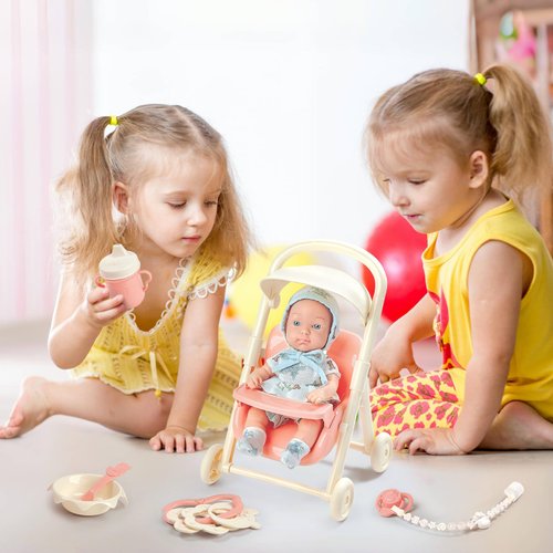deAO Baby Doll Stroller Set,Kids Play Stroller Toys,9 inch Soft Baby Dolls Toys with Trolleys,Bottle,Pretend Play Toys Gifts for Age 3 4 5 6 Girls