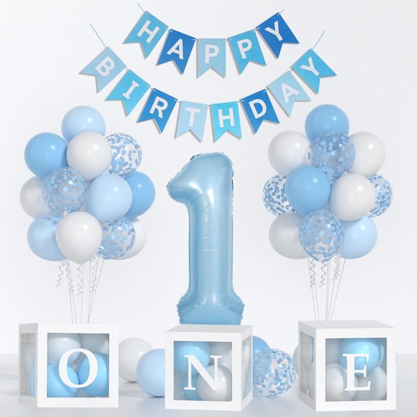 Yumiche First Birthday Decorations For Boy-40 Inch Blue 1 Number, Baby Blue White Balloons, Happy Birthday Balloons And One Balloon Boxes For Kids One Year Old Birthday Decorations