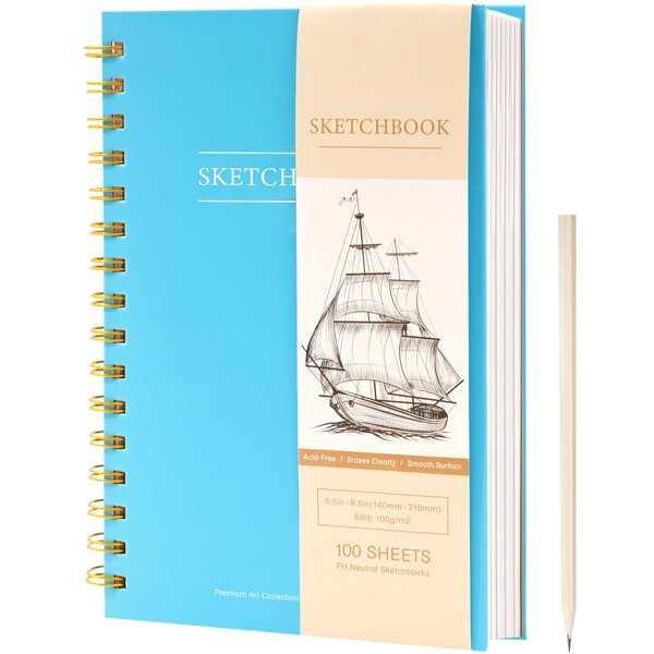 Yoment 5.5" x 8.5" Sketchbook for Drawing Small Spiral Bound Sketch Pad for Kids Hardcover Sketch Book(68lb/100gsm) Artist Drawing Blank Paper Notebook for Painting Sketching Pad with Pencil, Blue