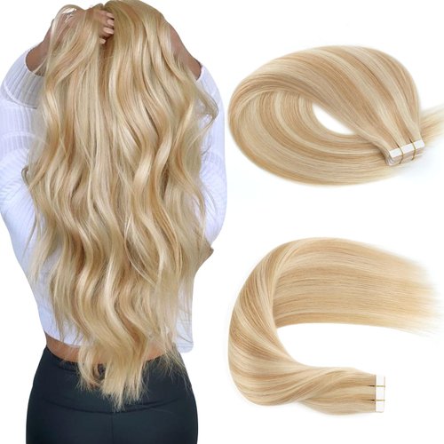 Sassina Semi-permanent Real Tape in Human Hair Extensions Remy Hair Double Sided Skin Wefts Mixed Color Two Tone Dirty Brown Mixed to Platinum Ash Blonde #P12/60 18Inch