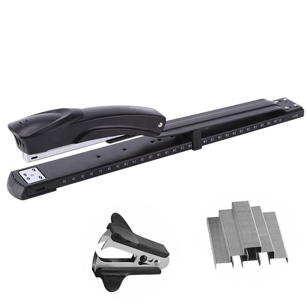 Craftinova Long Reach Stapler,with 2000 Staples & Stapler Remover Full Strip，20-25 Sheet Capacity,with Built-in Ruler and Adjustable Locking Paper Guide, Black