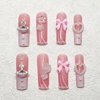 24pcs Long Square Press on Nails French Tip Fake Nails 3D Bow Heart Pearls Planet Charms Rhinestones Designs Acrylic Nails Glossy Pink Full Cover Glue on Nails for Women Girls Manicure Decoration