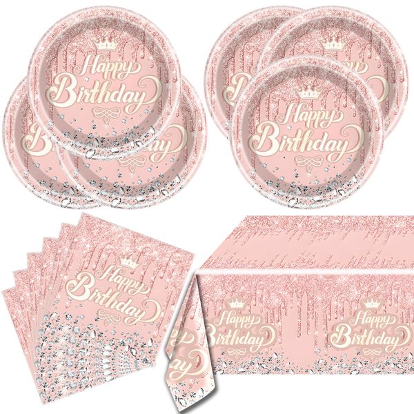 Pink Rose Gold Party Tableware set,Pink Happy Birthday Theme 20 Plates and 20 Napkins and Tablecloths 71 '' x 42 '' for Girls Women Silver Glitter Birthday Party Supplies
