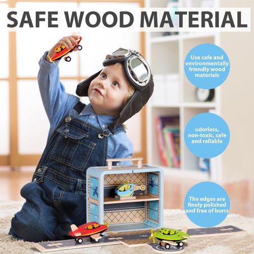 UDEAS Wooden Construction Set Toys Airfield Road Toys with Airplane Blocks Storage Toys for Kids Age 3+