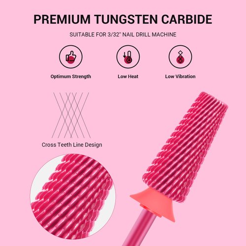 MelodySusie Professional 5 in 1 Nail Drill Bits, 3/32'' Carbide Tungsten Multi-function Bits, Suitable for Manicure Pedicure Cuticle Gel Polishing, Technicians Bits, Pink Blossom, Series Bit-M