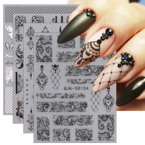 JMEOWIO 3D Embossed Black White Flower Nail Art Stickers Decals Self-Adhesive Pegatinas Uñas 5D Leaves Lace Nail Supplies Nail Art Design Decoration Accessories 4 Sheets
