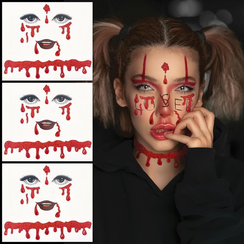 Vampire Face Jewels, Halloween Face Gems Jewels Vampire Blood Costume Festival Face Gems Stick on Rhinestone Red Sparkle Face Crystal Sticker Halloween Self Adhesive Temporary Tattoos Jewelry 3PCS