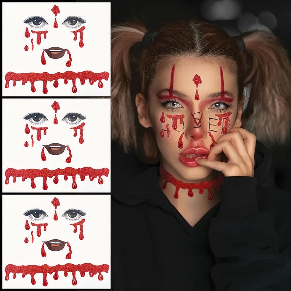 Vampire Face Jewels, Halloween Face Gems Jewels Vampire Blood Costume Festival Face Gems Stick on Rhinestone Red Sparkle Face Crystal Sticker Halloween Self Adhesive Temporary Tattoos Jewelry 3PCS