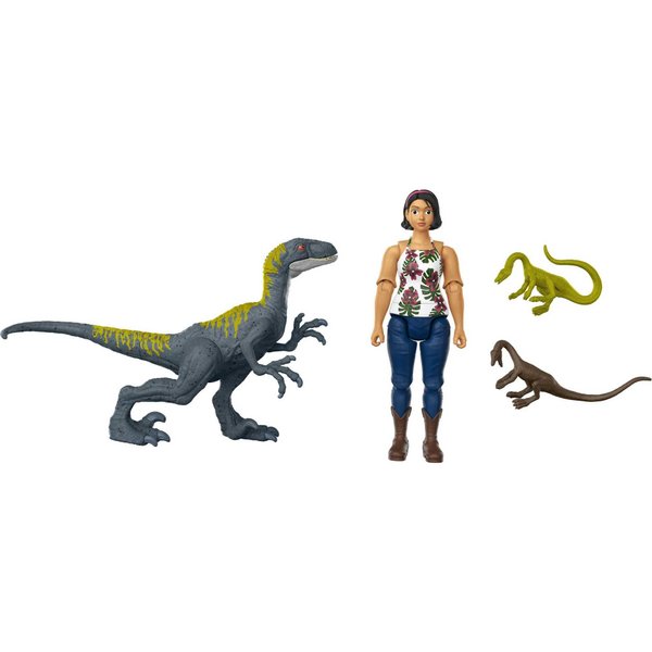Mattel Jurassic World Camp Cretaceous Human & Dino Action Figure Pack with Sammy & Velociraptor Figures, Plus 2 Compys Smaller Dinosaurs, Collectible Toy Set
