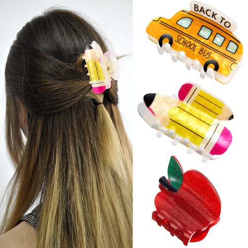 Yuxung 3 Pcs Pencil School Bus and Apple Hair Claw Clips Back to School Teacher Hair Clips Cute Hair Jaw Barrettes for Women Teachers Appreciation Gift Thick and Thin Hair Accessories