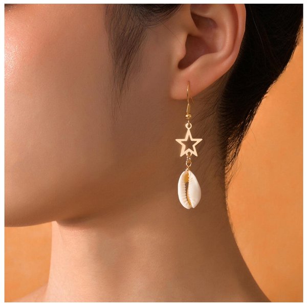 Allereyae Vintage Cowrie Drop Earrings Puka Shell Dangle Earrings Gold Star Dangling Earrings Hollow Star Earrings Jewelry for Women and Girls